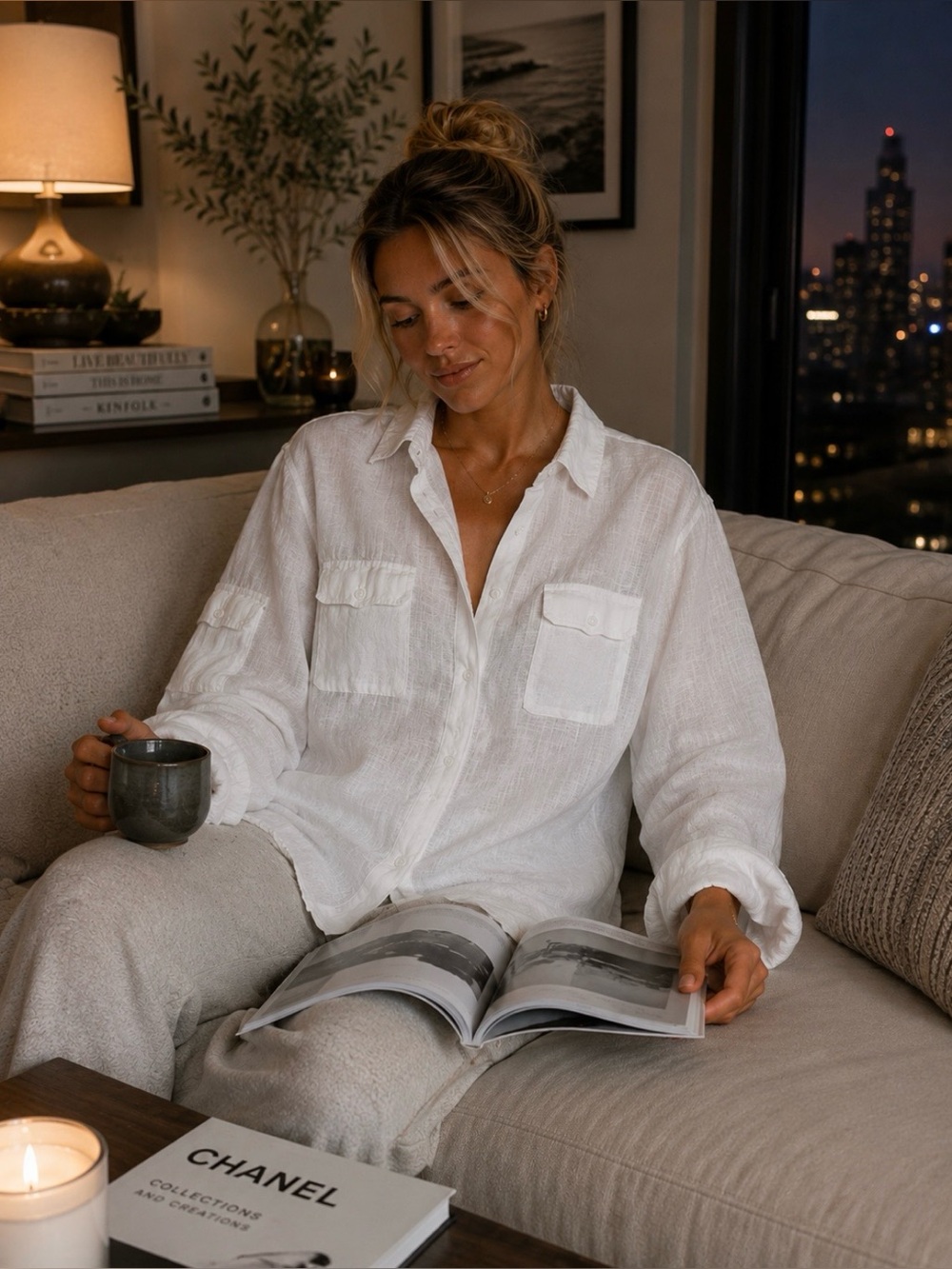 Max Studio Women's White Relaxed Button-Down Lounge linen Shirt